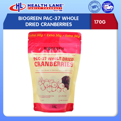 BIOGREEN PAC-37 WHOLE DRIED CRANBERRIES 170G